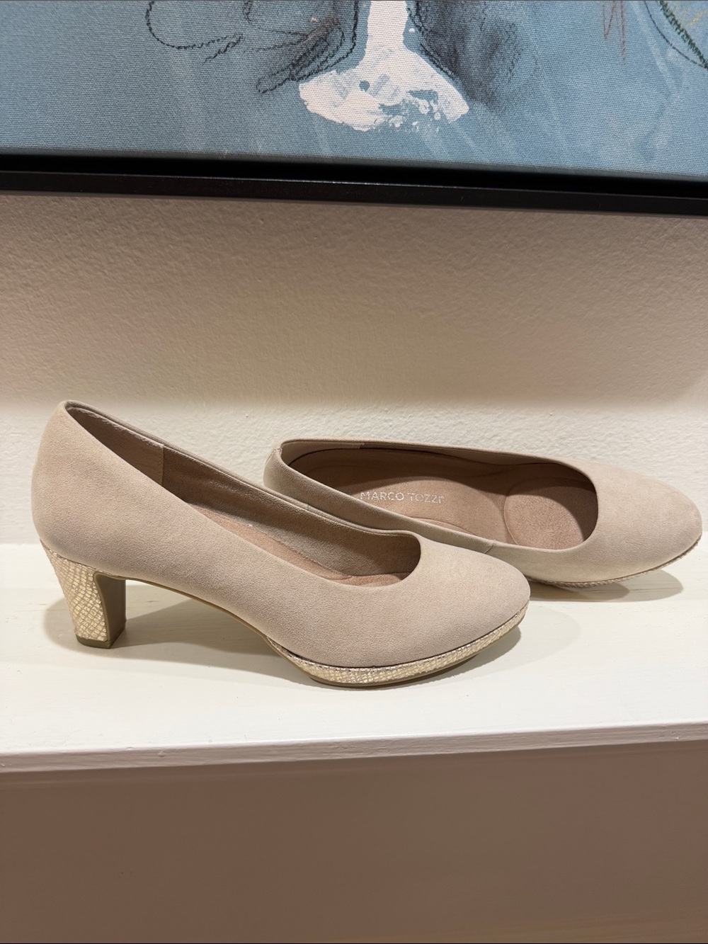 Taupe Low Block Heel Pumps with Textured Heel